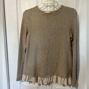 Altar'd State cream brown stripe Ruffled hem Sweater size S